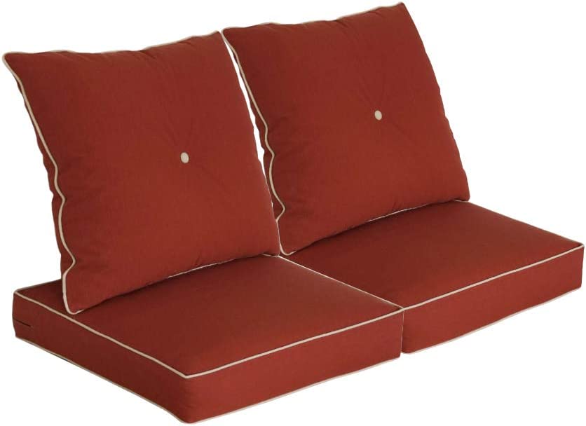 Set of 2 square red deep love seat cushions with white rim and white button in middle of cushion for back.