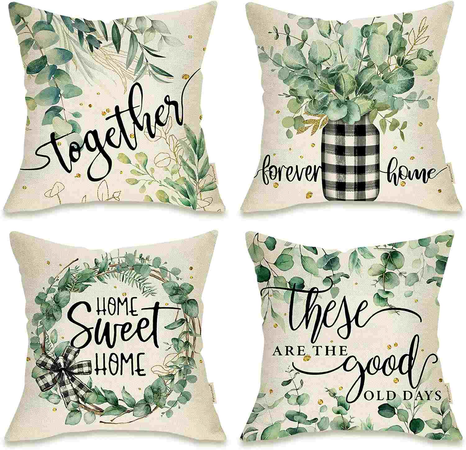 Home Sweet Home Set 4 Porch Cushions white with green and black accents idea for Winter patio color selection