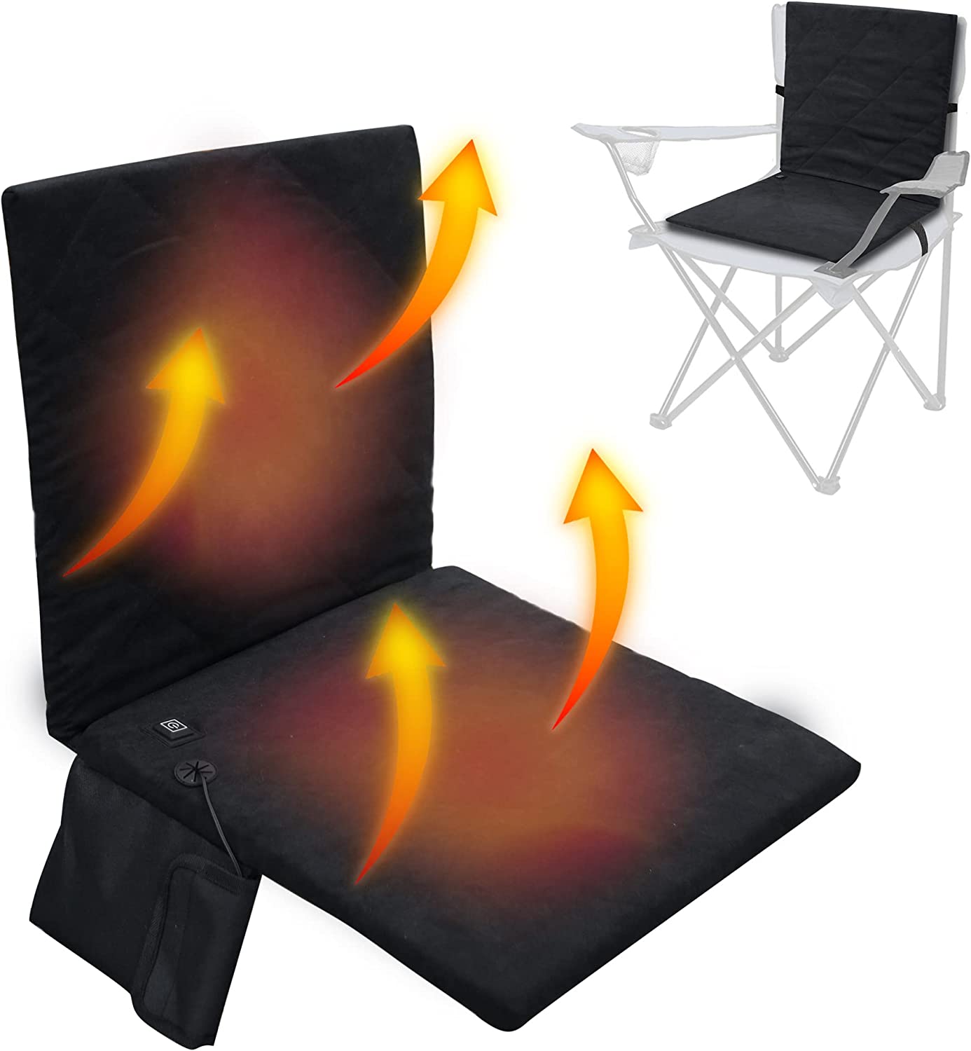 heated outdoor cushion for sporting events, camping and patio or outdoor use.