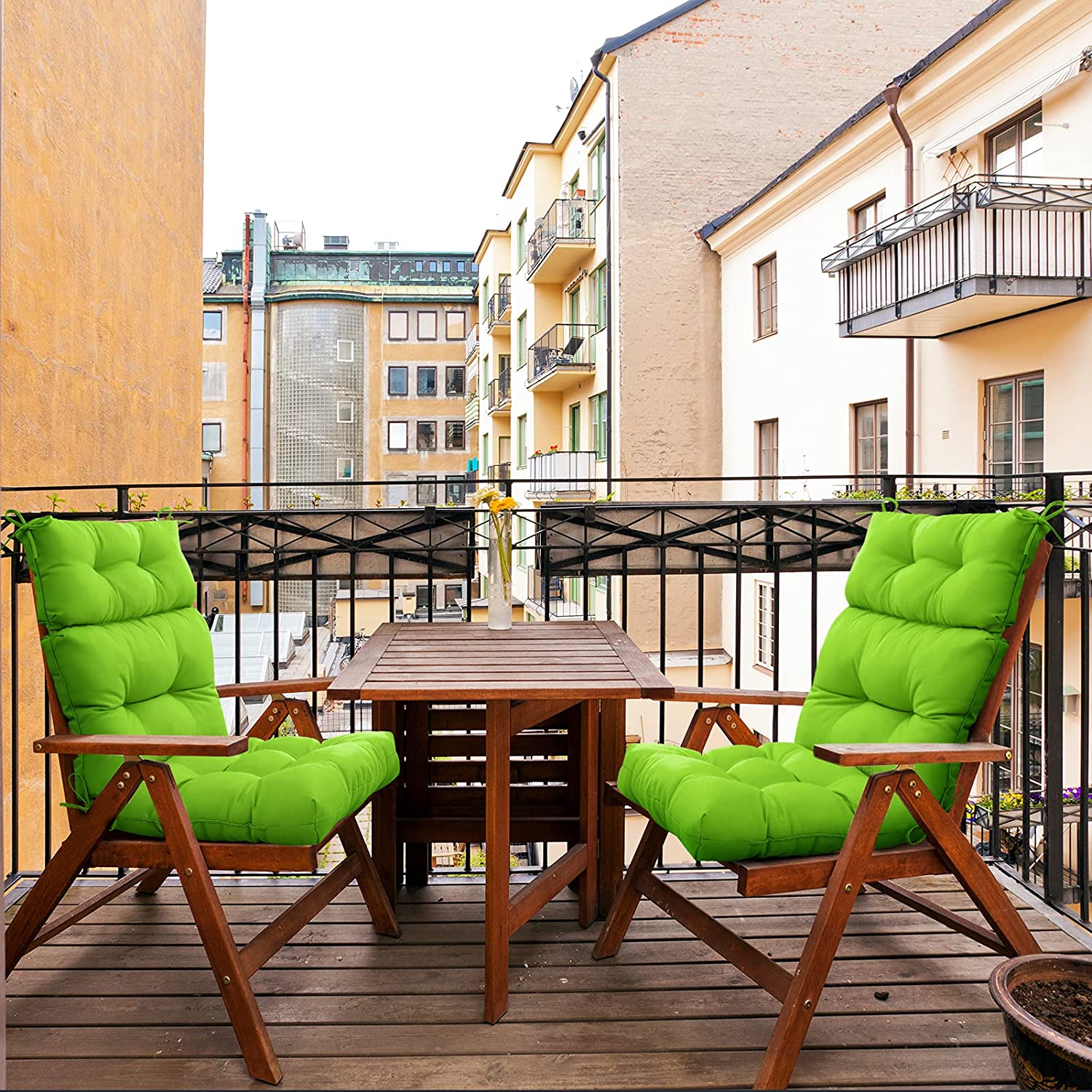 wto high back chairs on patio with lime green high back cushions